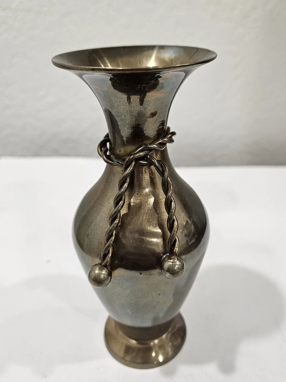 Vintage Brass Bud Vase Unique Braided Rope Trim with Tassel 5.5 Inches